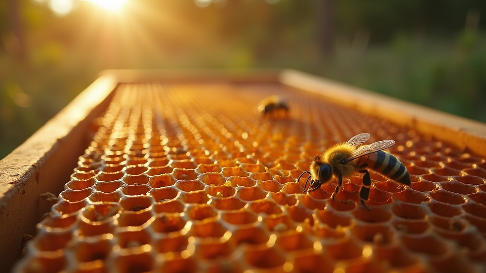 Eye-level view of honeycomb frames inside a beehive