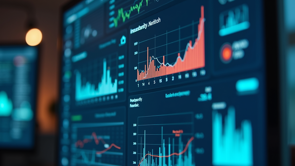 Eye-level view of a computer screen showing a security dashboard with graphs and alerts