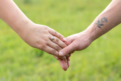 Couple walking through a field with their horses at golden hour before their Niagara wedding.