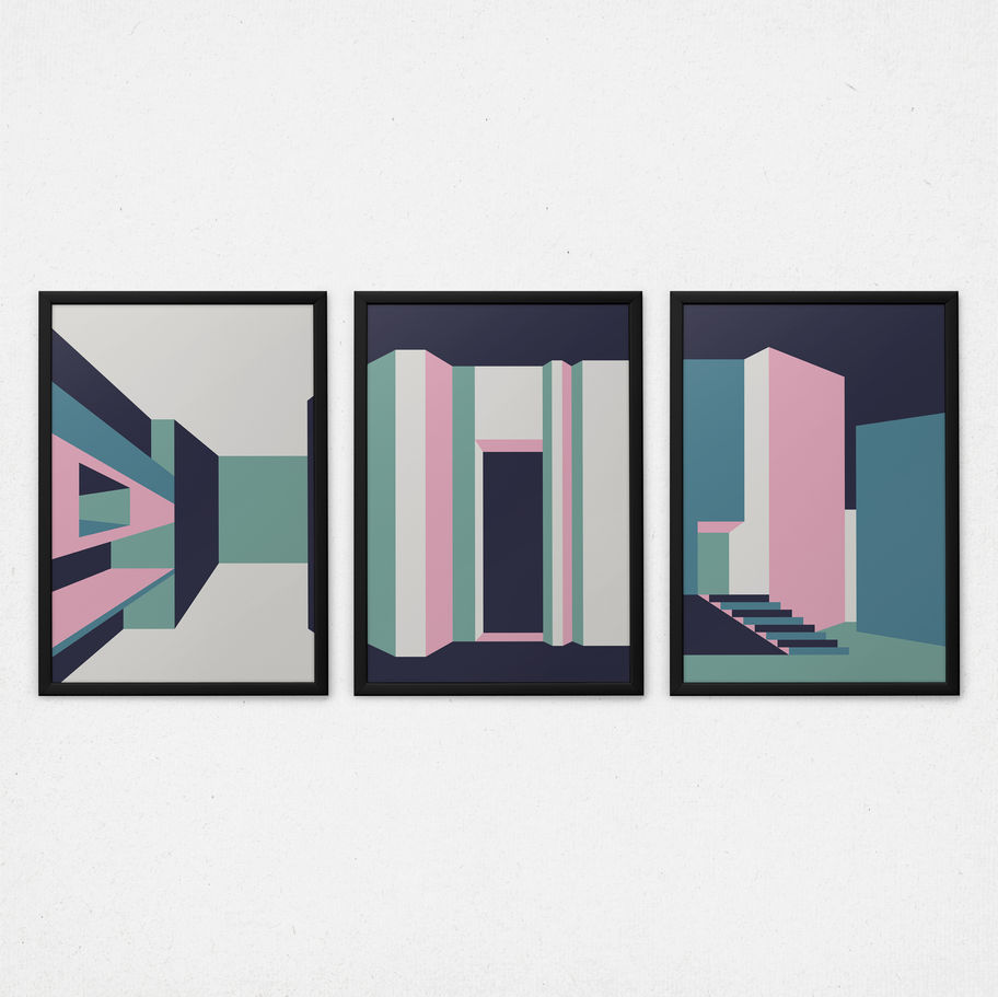 Kit quadros decorativos Arquitetura Urbana IX - composição completa em ambiente decorado