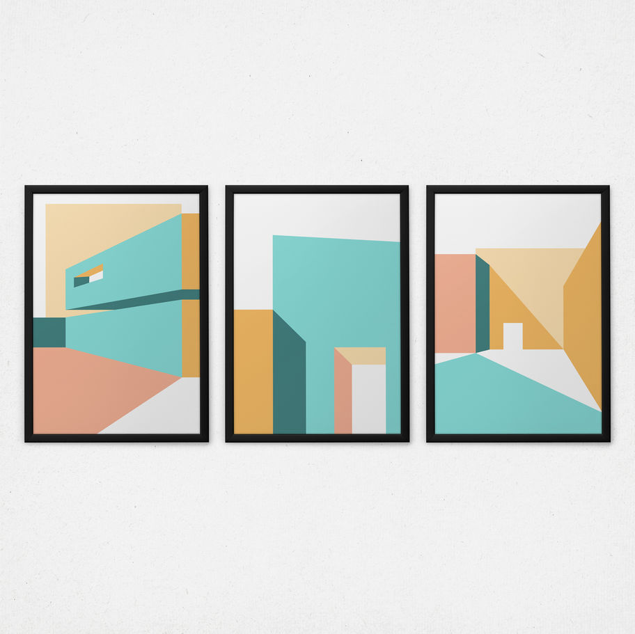 Kit quadros decorativos Arquitetura Urbana II - composição completa em ambiente decorado