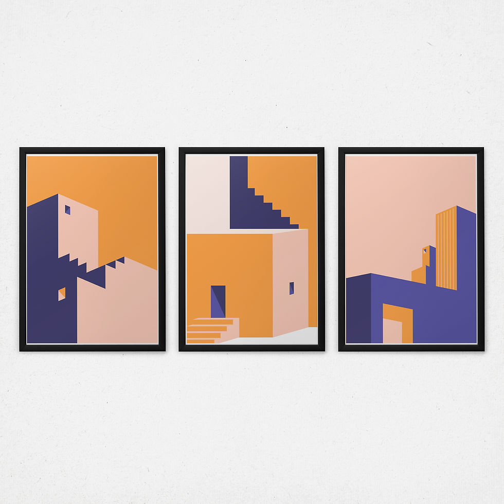 Kit quadros decorativos Arquitetura Urbana III - composição completa em ambiente decorado