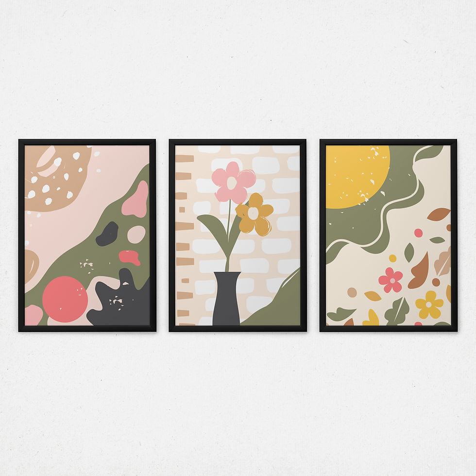 Kit quadros decorativos Expressão Abstrata I - composição completa em ambiente decorado
