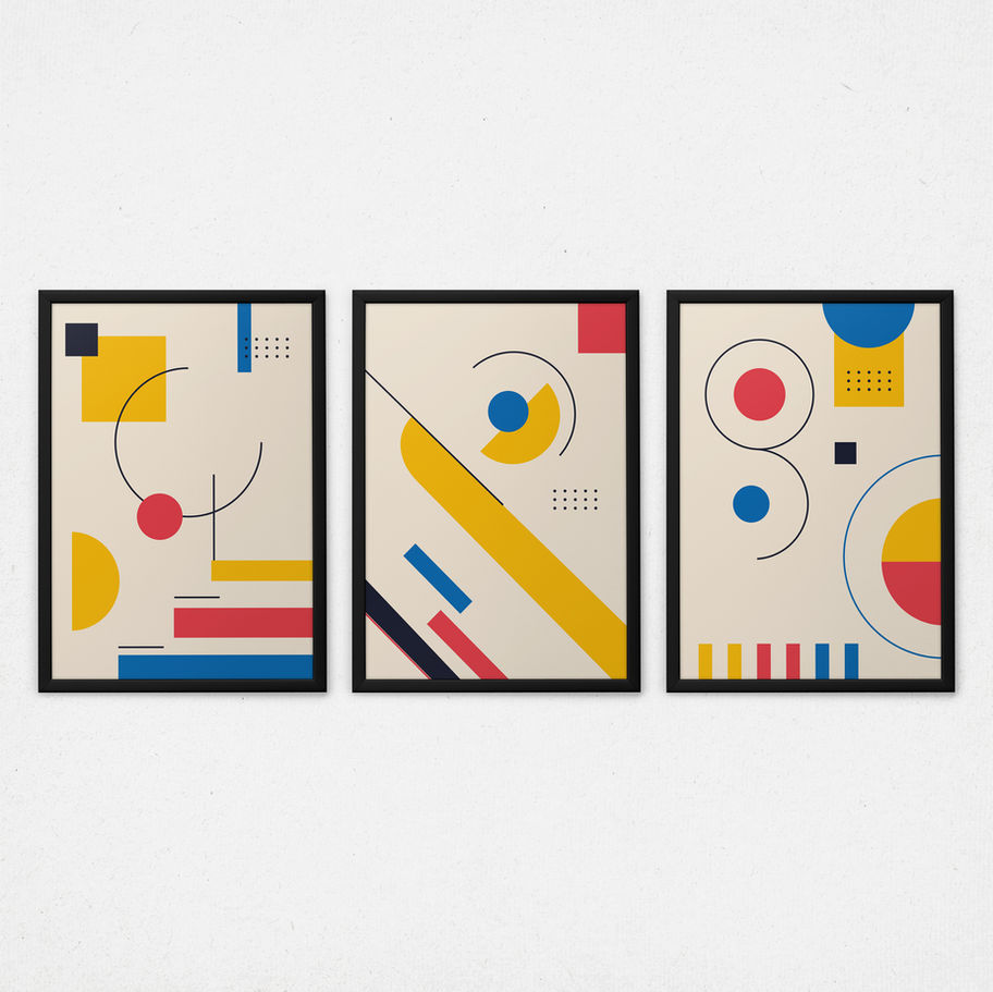Kit Quadros Decorativos Abstratos Geométricos – Estilo Bauhaus Moderno