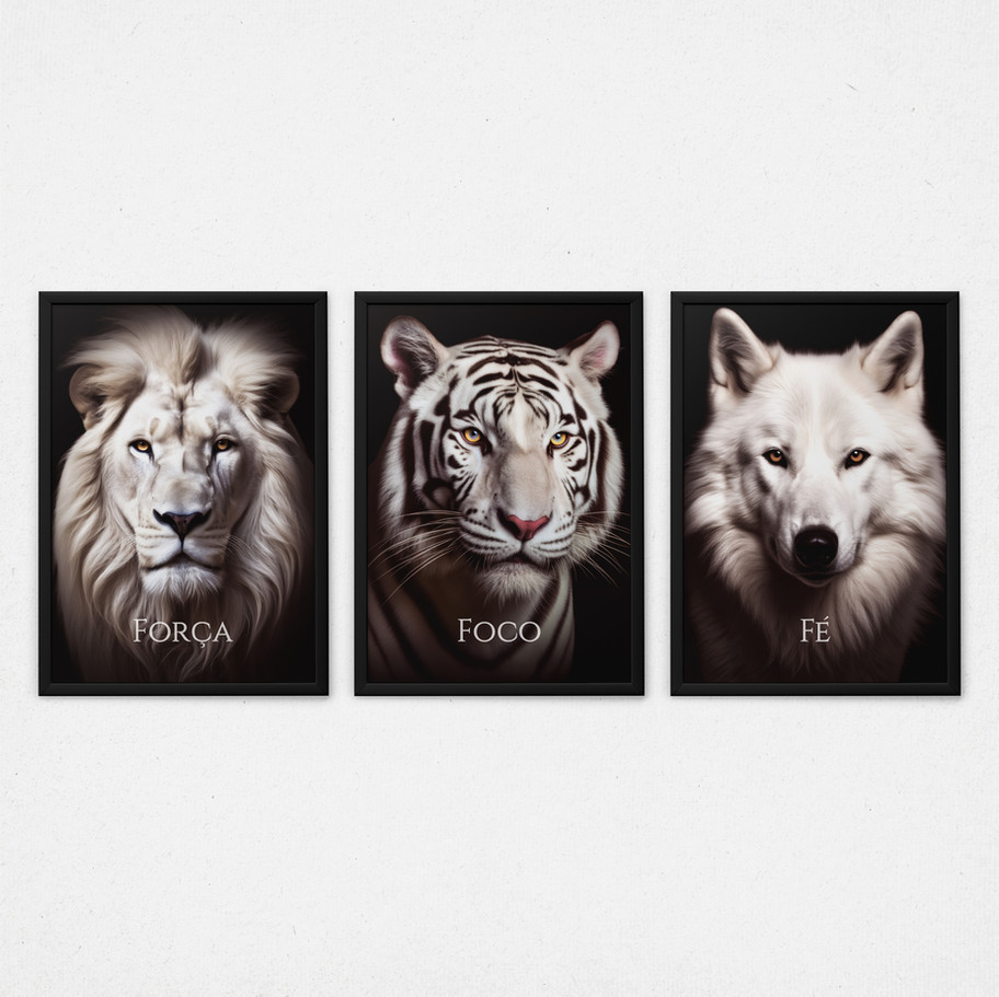 Trio quadros decorativos Força, Foco e Fé - leão, tigre e lobo brancos