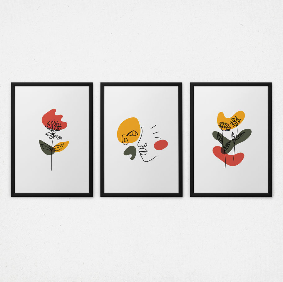Kit quadros decorativos Jardim Abstrato XIII - composição completa em ambiente decorado