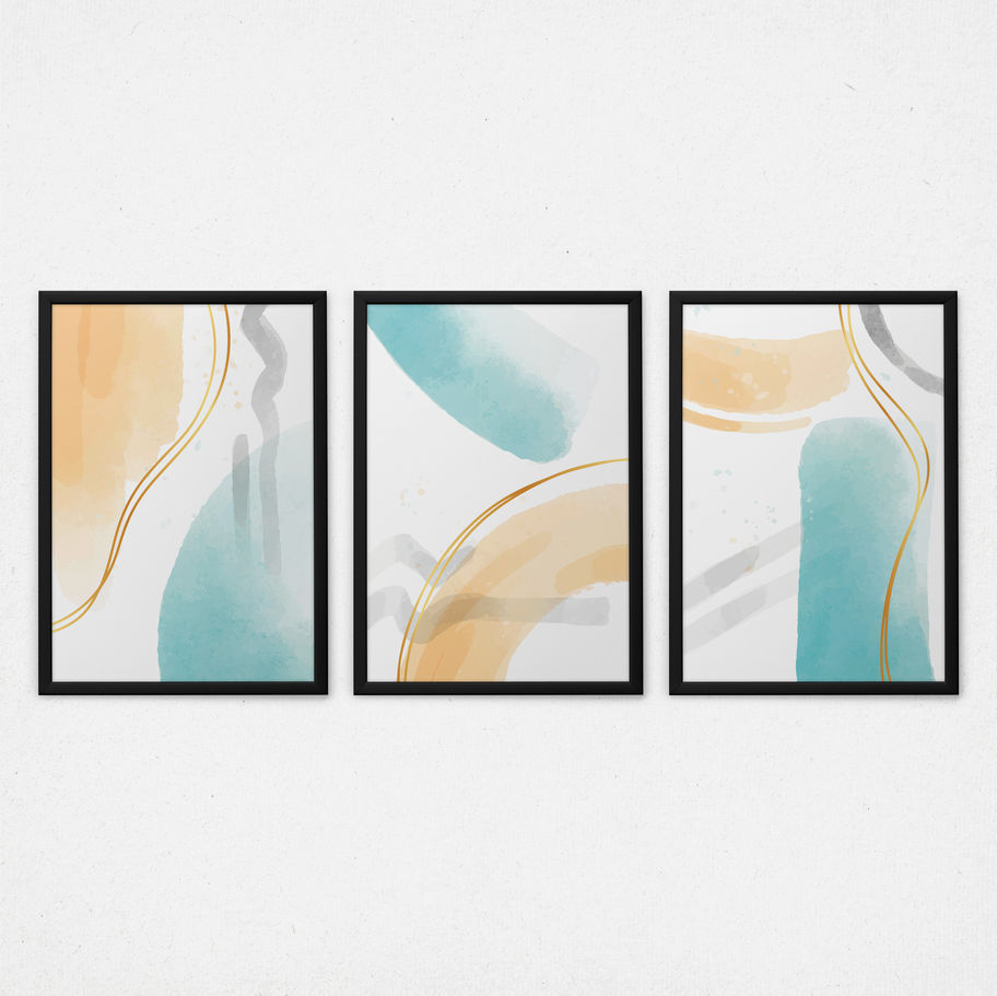 Kit quadros decorativos Fluxo Abstrato V - composição completa em ambiente decorado