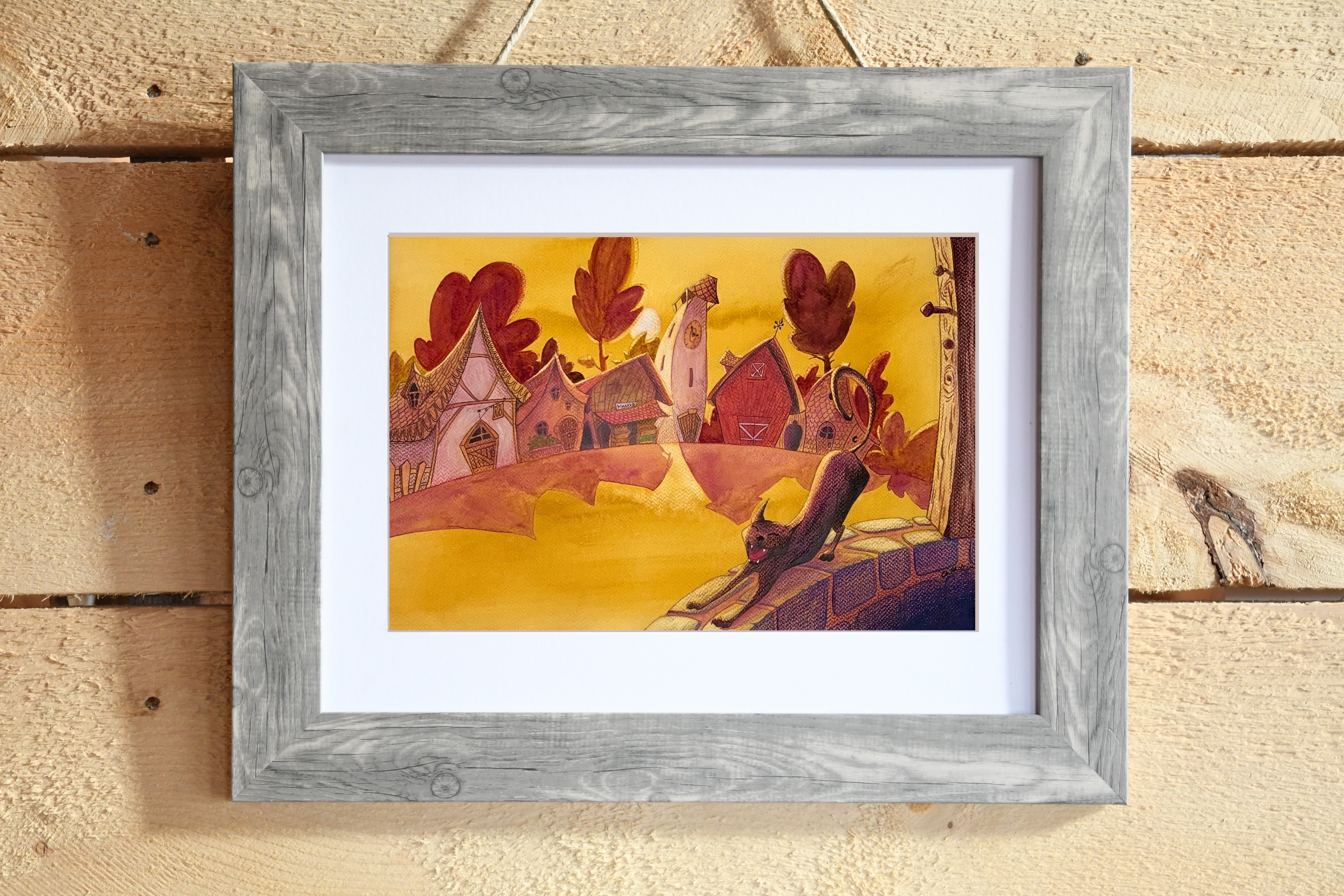 “The Black Cat by the Wishing Well” original art