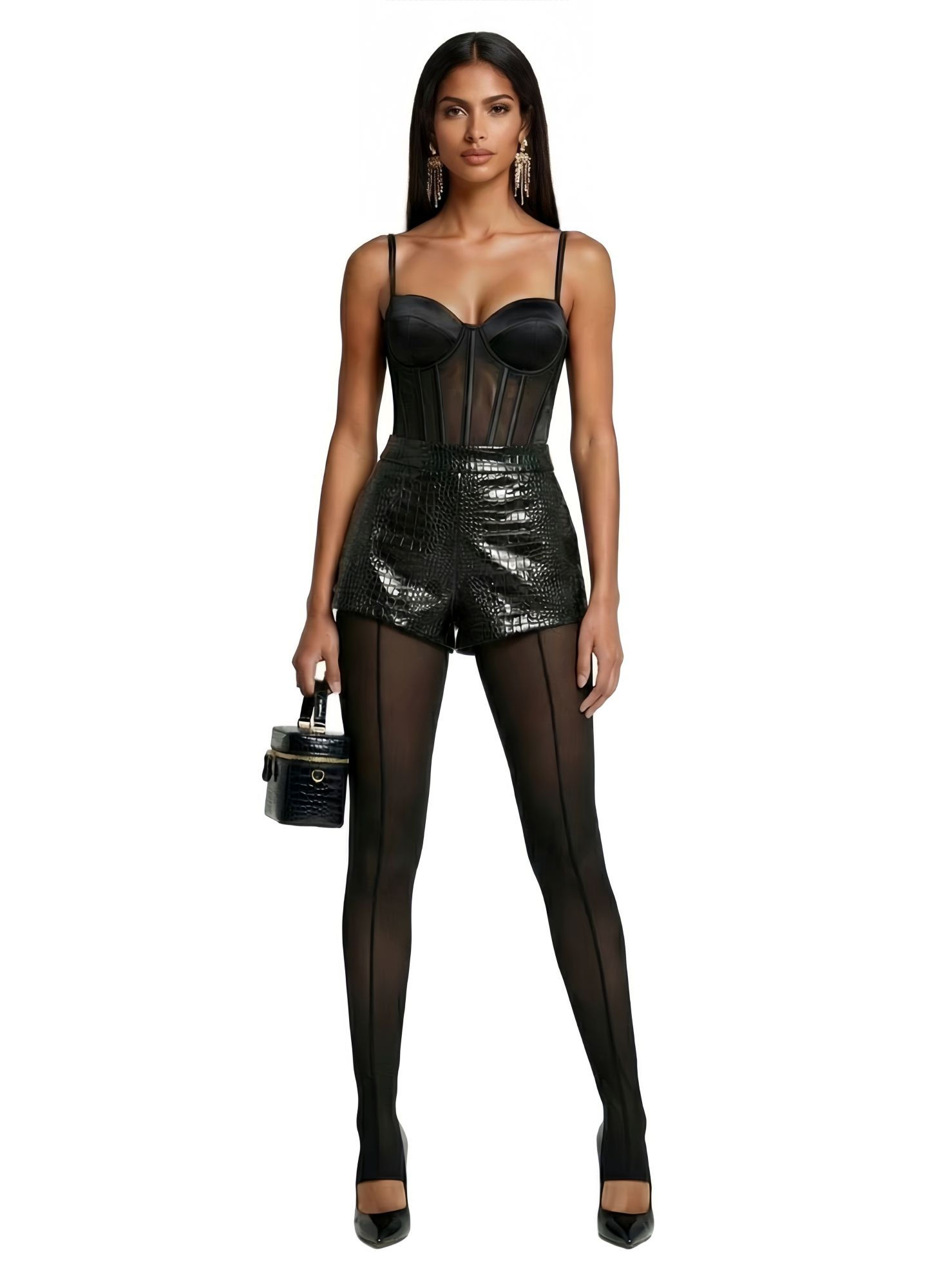Black Croc Embossed Shorts with Sheer Mesh Legging