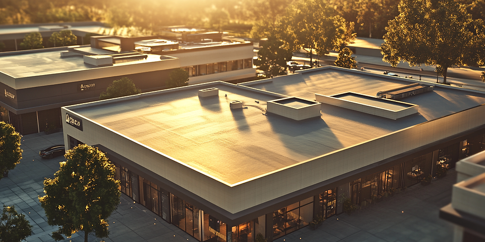 Aerial view of a modern commercial building with a flat roofing system at sunset