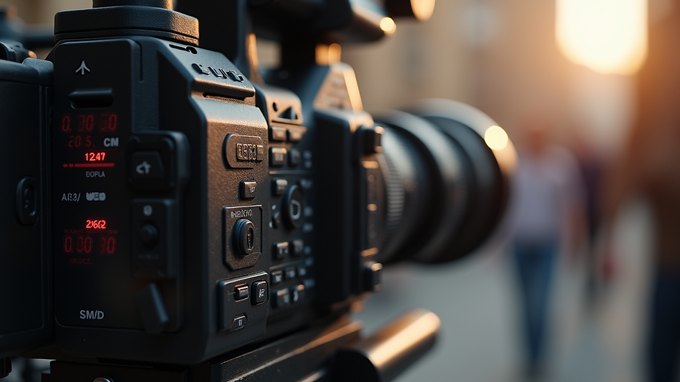 Close-up view of a wedding videographer’s camera setup with professional audio equipment