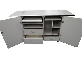 Mobile Bespoke Workbench with Electric Pack plus Drawers and Cupboard, pull out shelve with room for PC Tower. Fold Down Worktop Flaps
