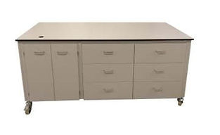 mobile bespoke workbench with draws cupboard and circular cut out