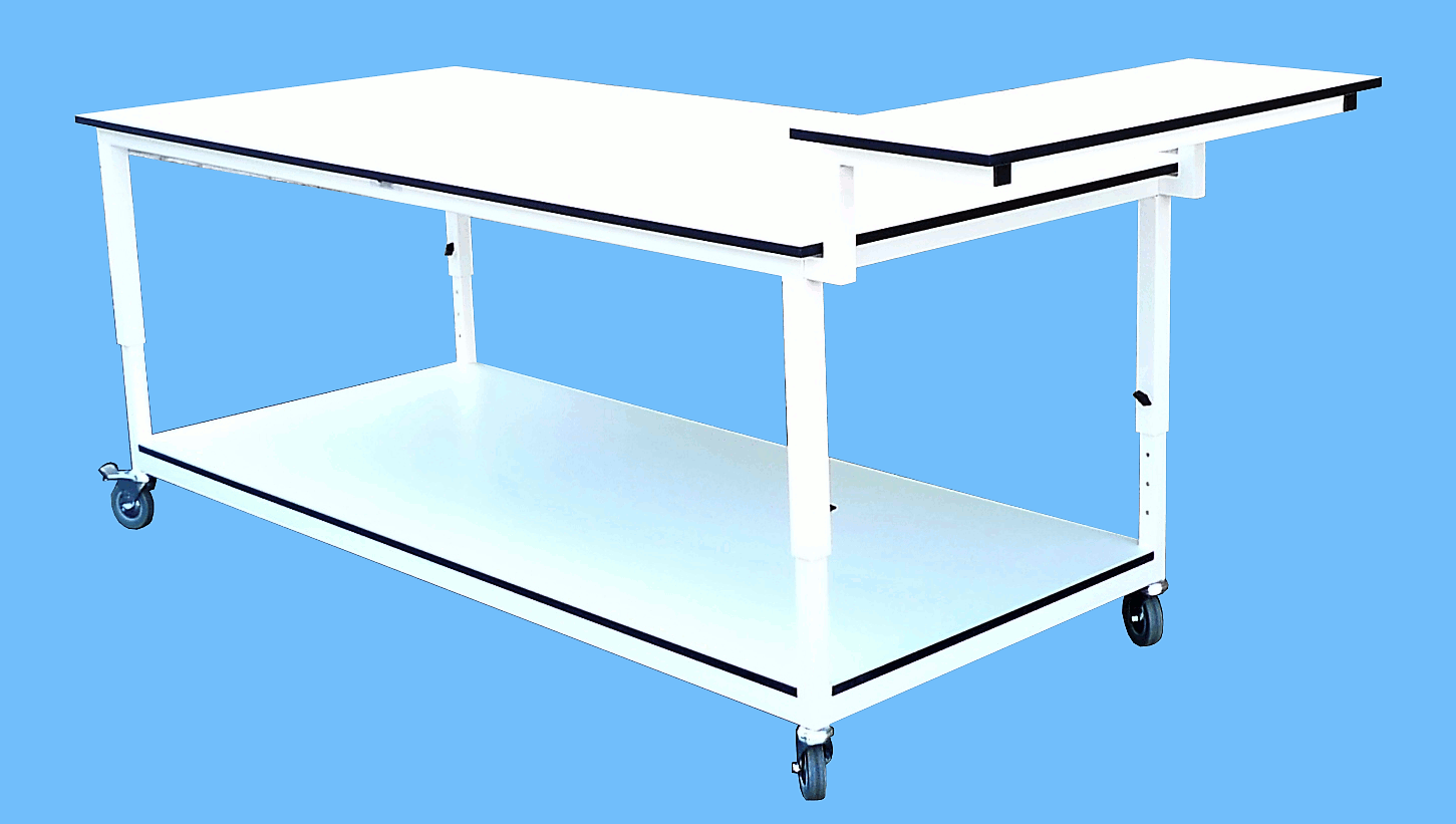 adjustable height bespoke workbench with upper top shelf