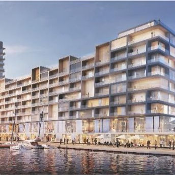 Modernes Gebäude am Hafen, Geschäfte im Erdgeschoss