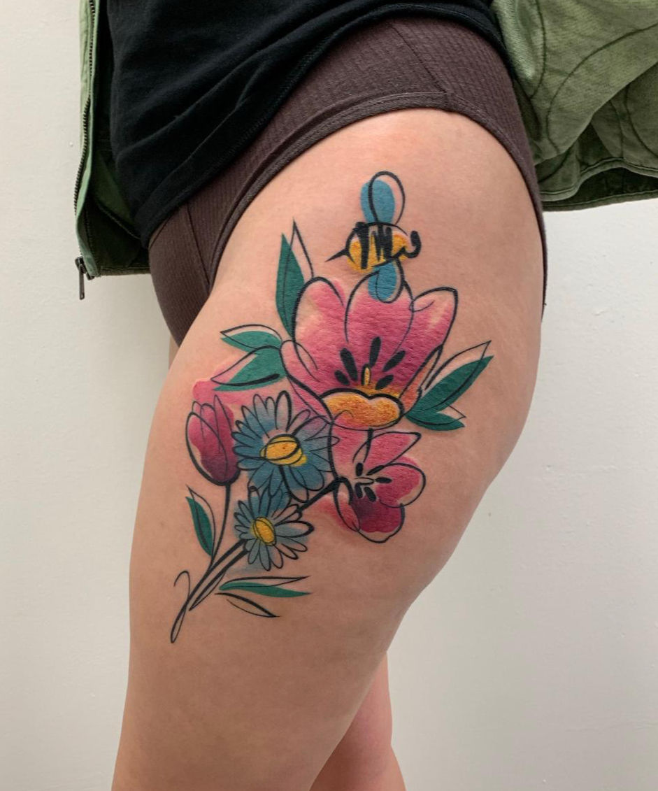 Watercolor Flowers on Leg Tattoo