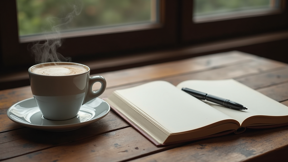 Close-up view of a rustic wooden table adorned with an open notebook and a steaming cup of coffee