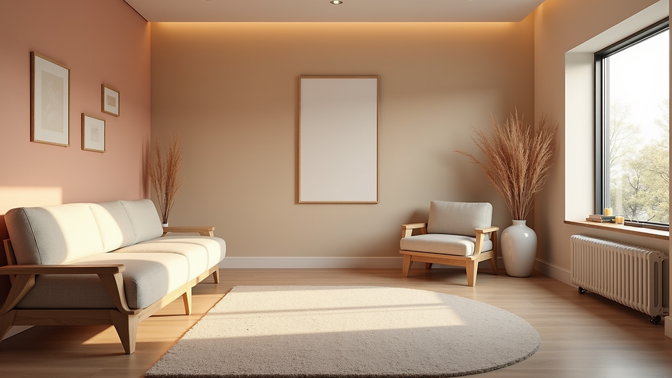 Eye-level view of a serene therapy room with calming colors and comfortable seating