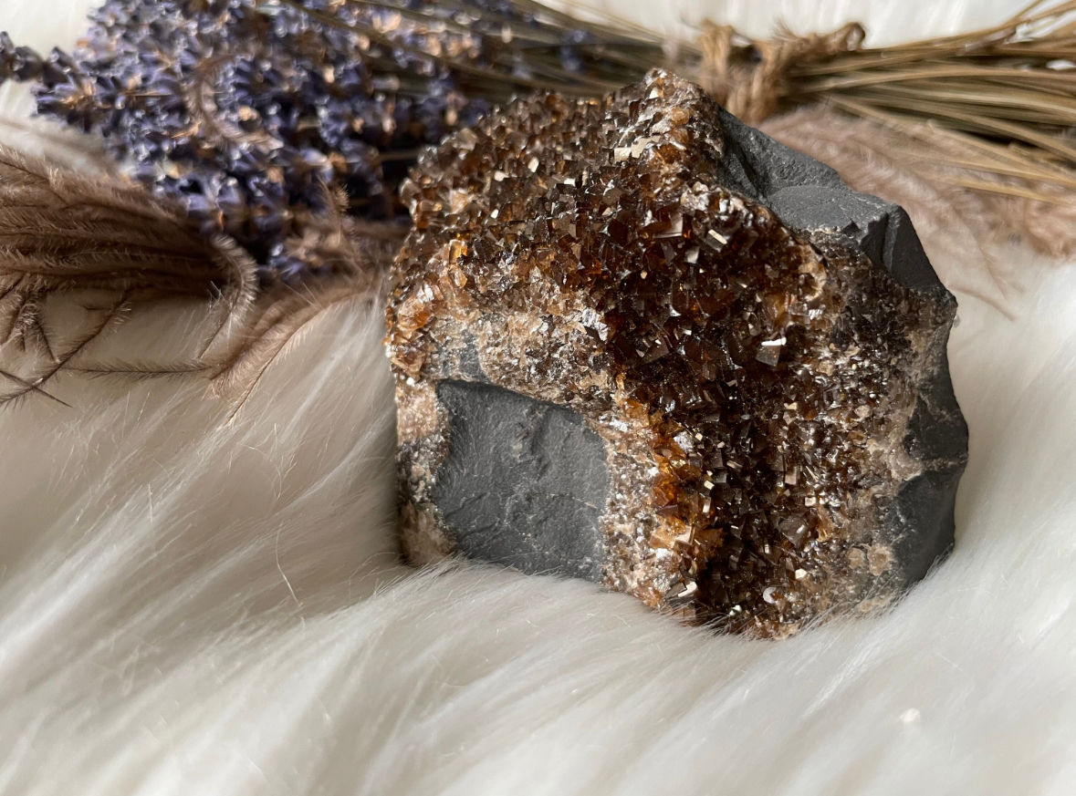 Iridescent calcite and pyrite crystal specimen from Oskaloosa Iowa, Collector Sp