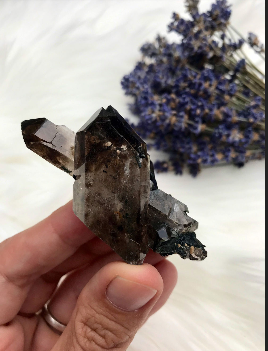 Unique twin Smokey crystals with aegirine blades from Malawi, Zomba Africa
