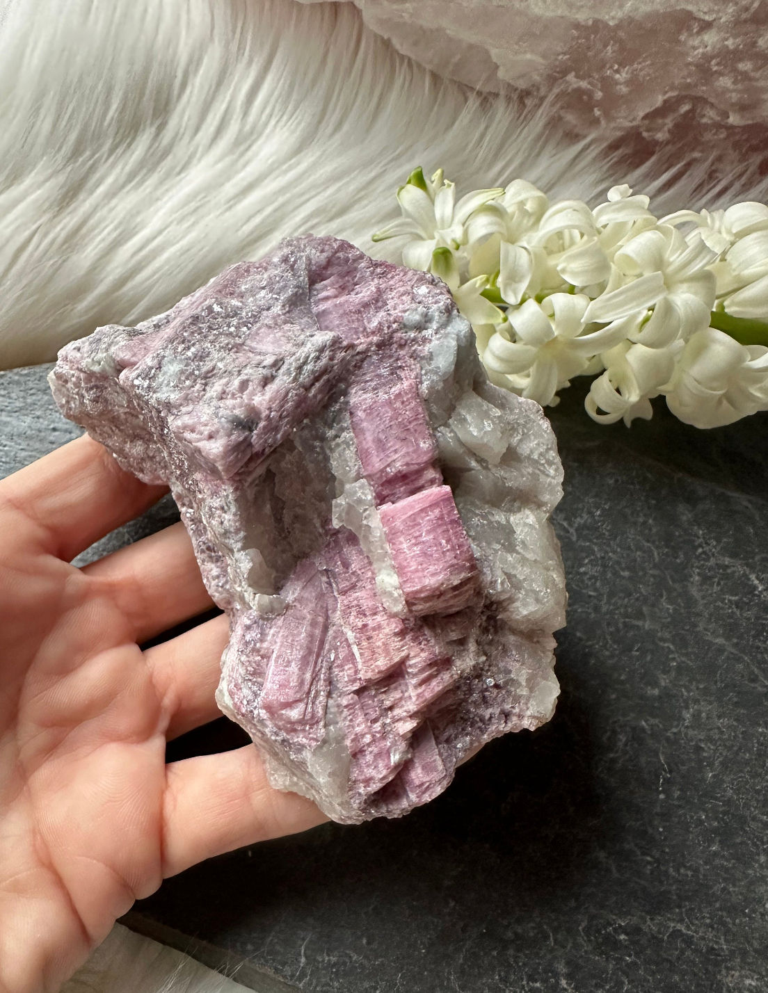 Large Rubellite Pink Tourmaline and Lepidolite/ Blue Tourmaline and Smokey Quart