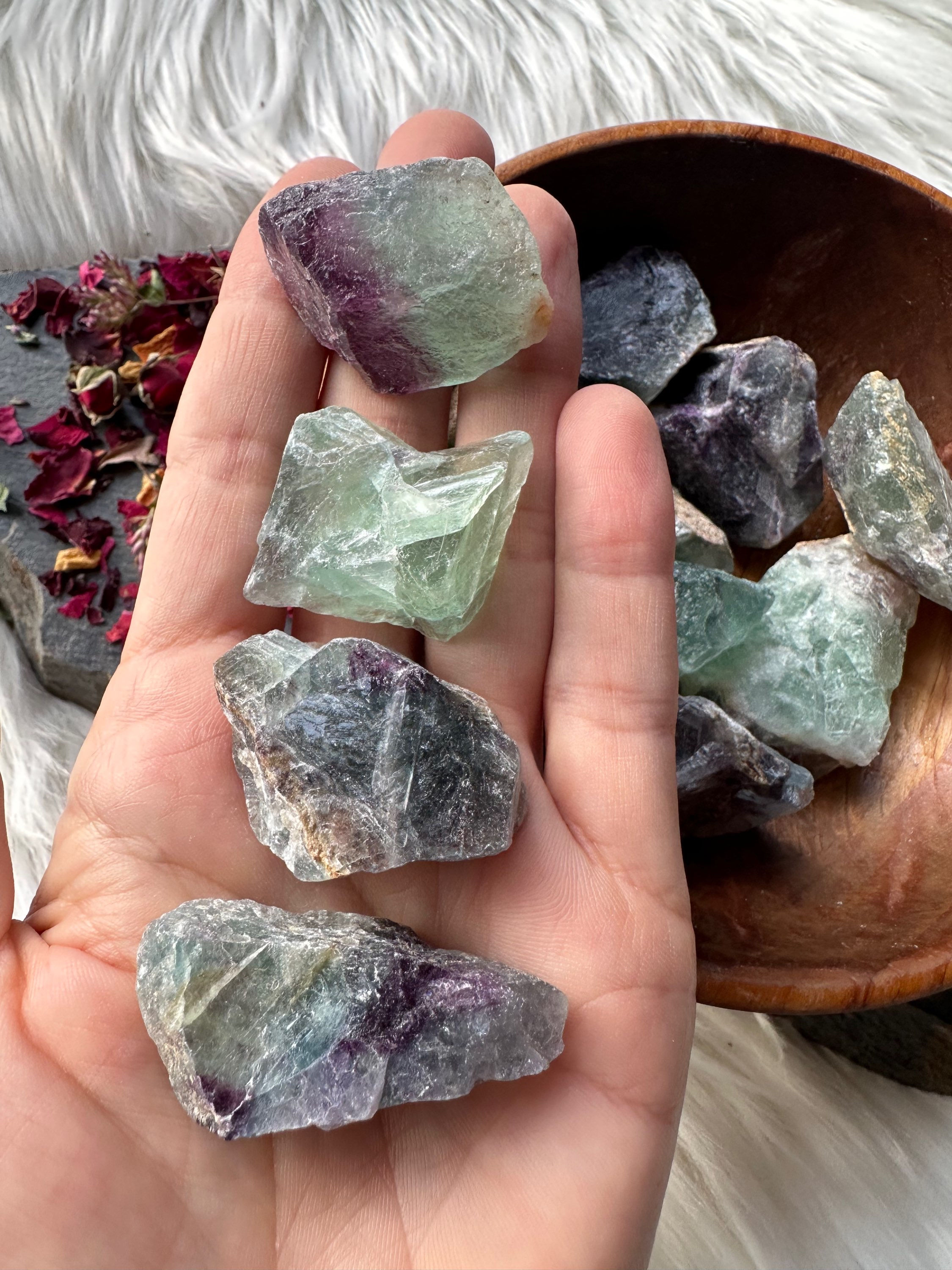Small raw rainbow fluorite crystal specimens 