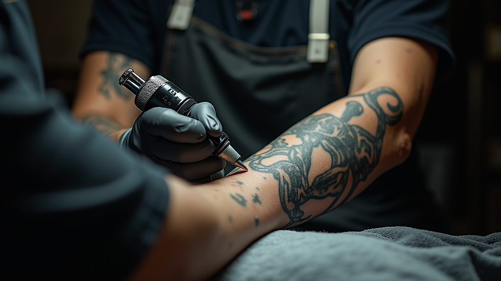 Eye-level view of a tattoo artist working on a client's arm