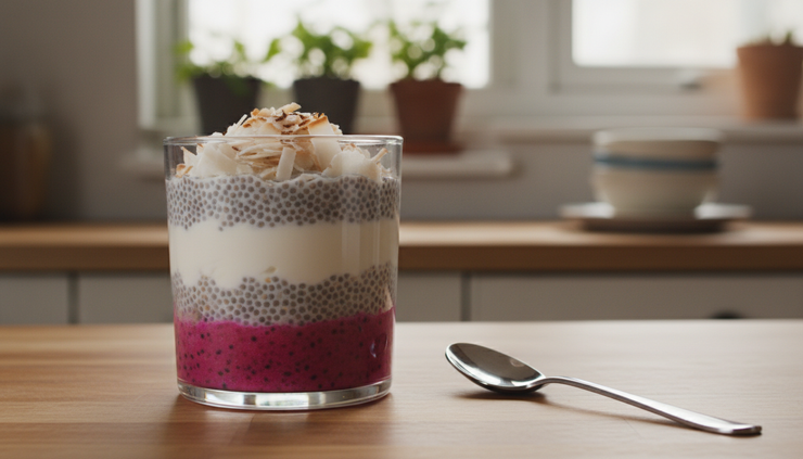 Side view of a dragon fruit dessert cup with yogurt and chia layers