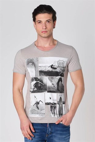 Küçük resim: Duca Blanca Sıfır Yaka Sörf Baskılı Pamuk T-Shirt Gri DBK121276