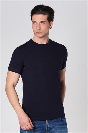 Küçük resim: Duca Blanca Sıfır Yaka Likralı Pamuk T-Shirt Lacivert DBK121291