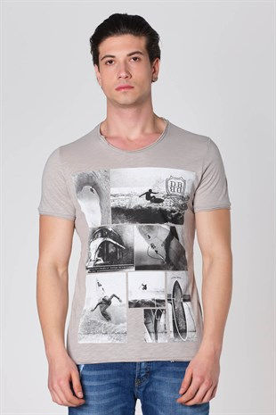 Küçük resim: Duca Blanca Sıfır Yaka Sörf Baskılı Pamuk T-Shirt Gri DBK121276
