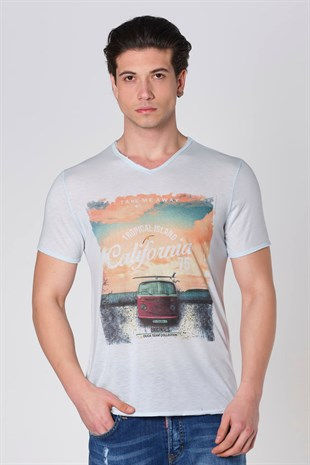 Küçük resim: Duca Blanca V Yaka California Baskılı T-Shirt Açık Mavi DBK121262