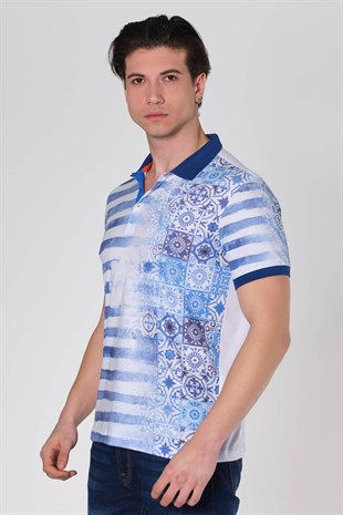Küçük resim: Duca Blanca Mozaik Çizgili Baskılı Polo Yaka T-Shirt Mavi DBK131311