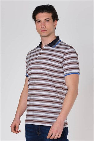 Küçük resim: Duca Blanca Yaka Desenli Çizgili Pamuk Polo Yaka T-Shirt Kahve DBK19131505