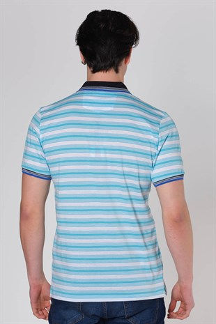 Küçük resim: Duca Blanca Yaka Desenli Çizgili Pamuk Polo Yaka T-Shirt Turkuaz DBK19131505