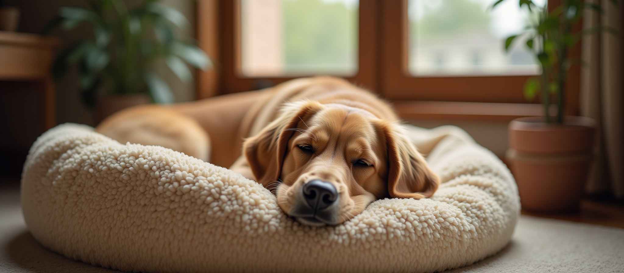 A dog laying in it's bed sleeping