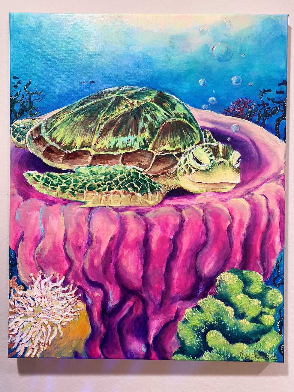 green turtle on pink sponge art