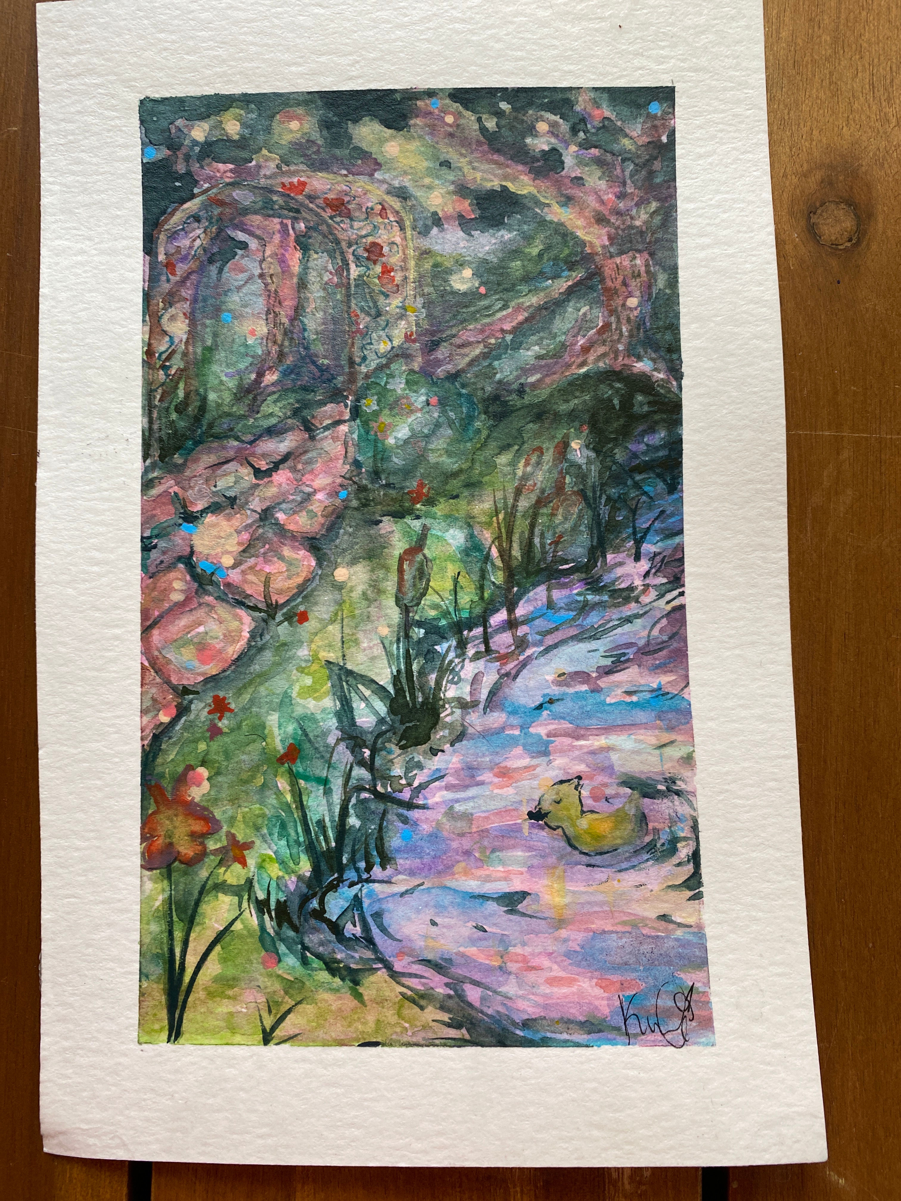 Happy Duck in Magic Water watercolor original 5x7