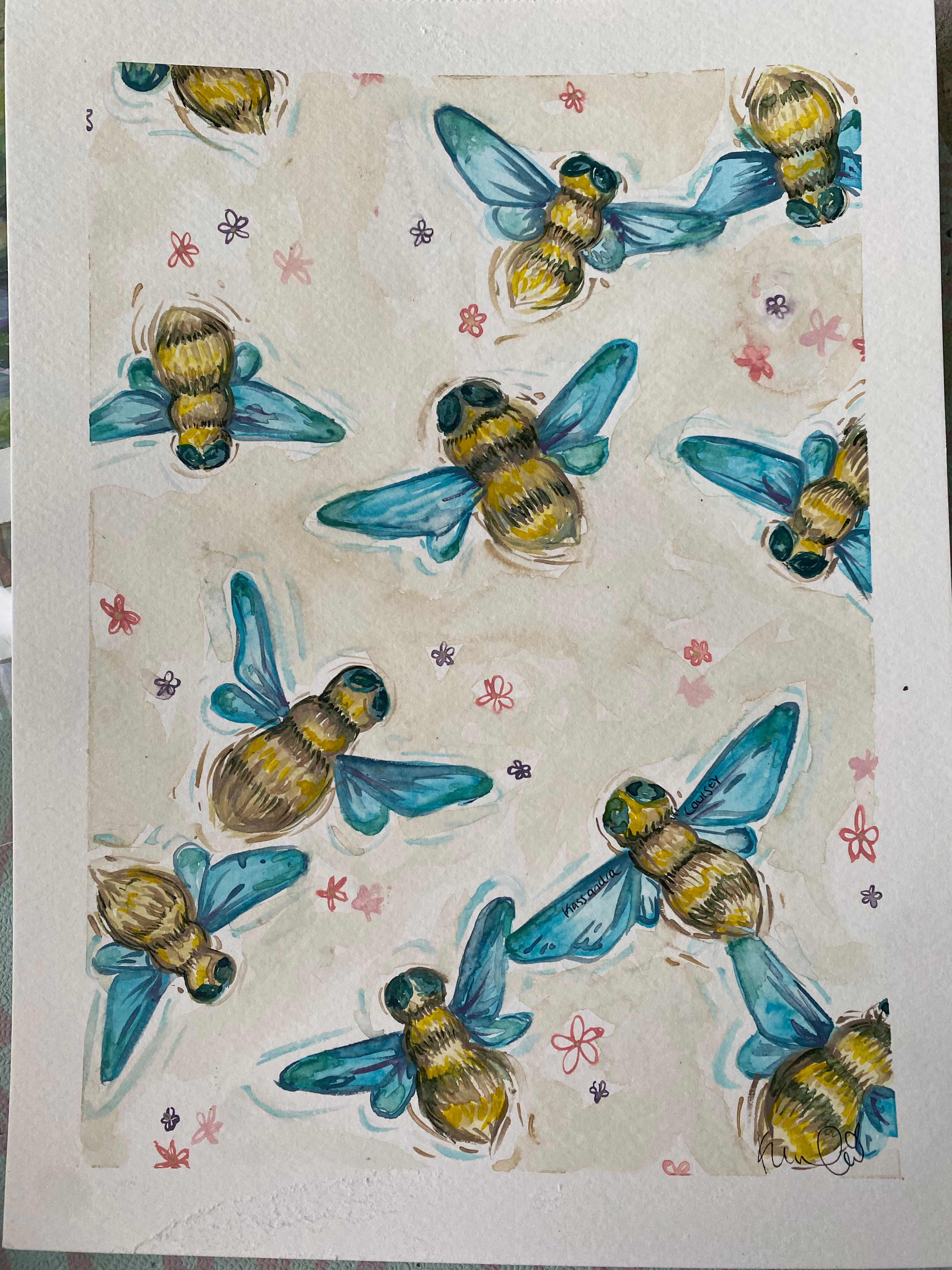 Busy Bees watercolor original 9x12