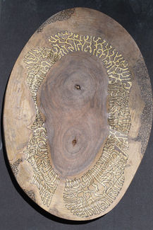 Dessin réalisé à l'encre noire et dorée sur section de noyer. Pièce fixée sur un cadre en verre. Sculpture à poser ou à accrocher.