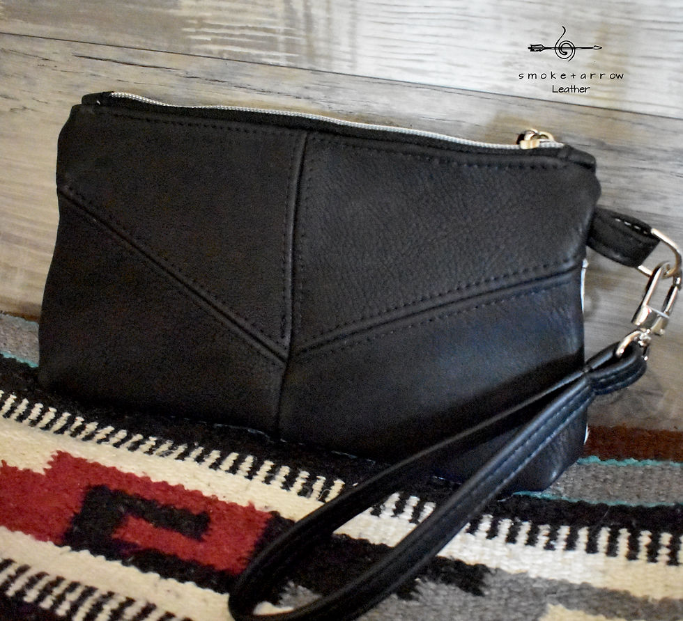 Thumbnail: Black and White Speckle Hair on Cowhide and Black Elk Hide Leather Wristlet