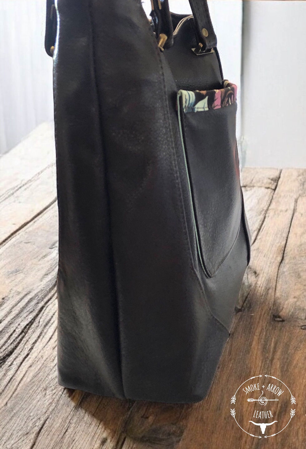 Thumbnail: Leather + Floral Gaberdine Twill Shoulder Tote - Recessed Zipper-Lined - Large E