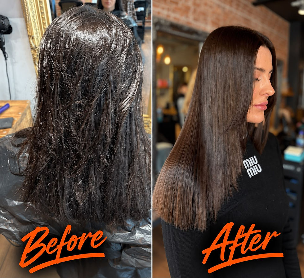 Overhead view of soft curled hair being finished with a comb on a salon chair.