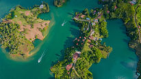 Aerial view of the Guatape reservoir or lake in Antioquia, Colombia, near the city of Mede
