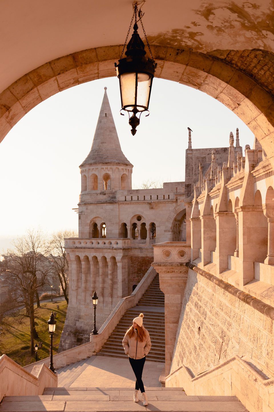 Solo traveler photoshoot at Fisherman’s Bastion during sunrise in Budapest.