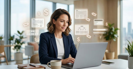 A business woman in a blue blazer sits at her desk with a laptop, smiling at the camera. Floating graphics, like wireframes, pricing tags, and charts with dollar signs, surround her head.