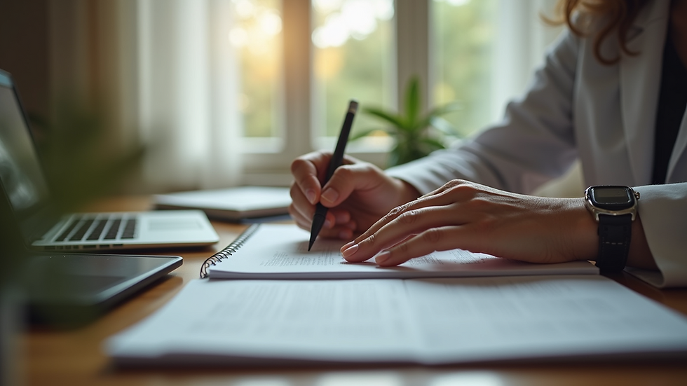 High angle view of a therapist preparing notes in a home office setting