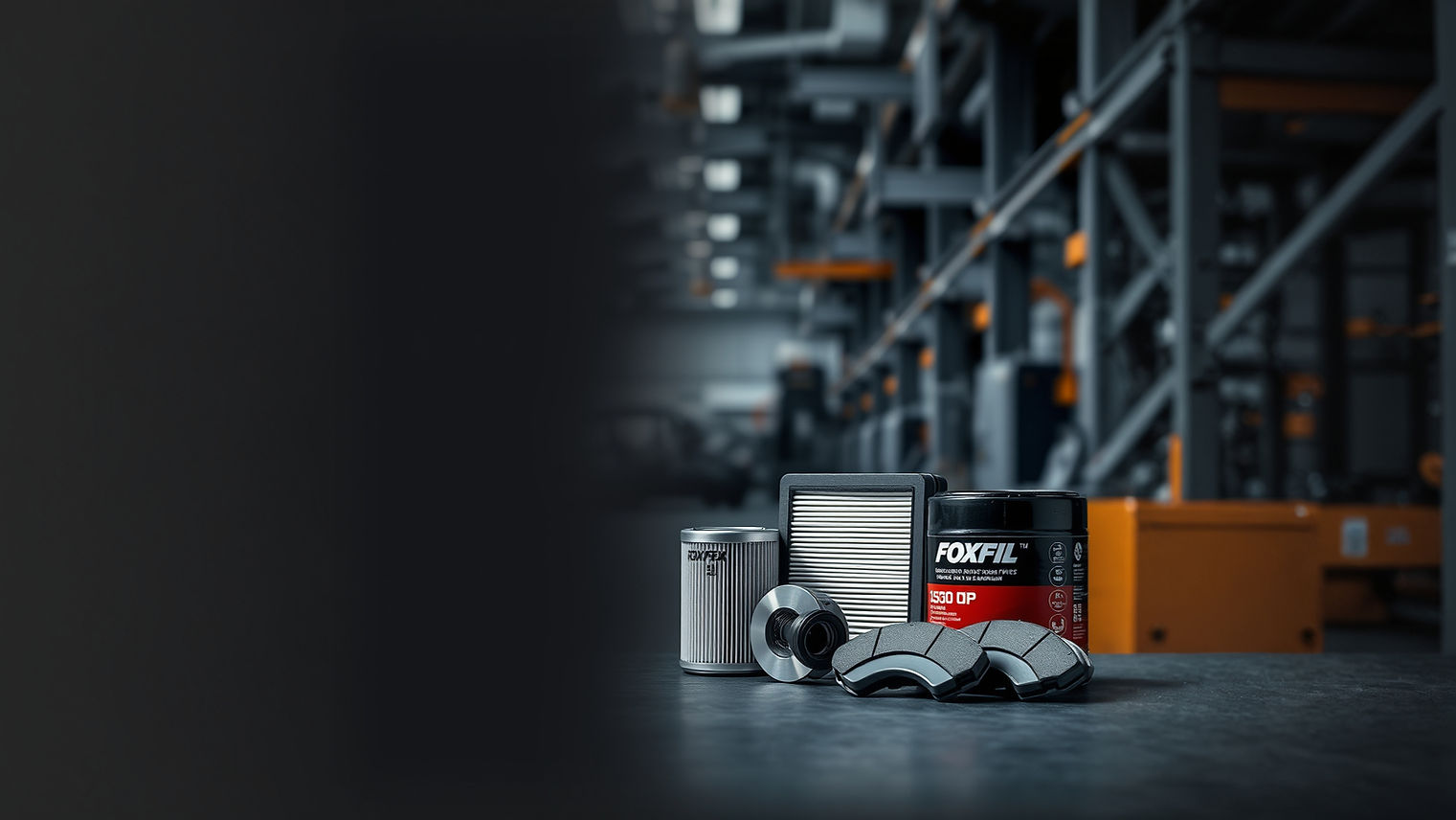 _Realistic FOXFIL automotive filters (oil, air, cabin filters, and brake pads only) placed