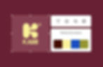 Interface de design affichant le logo KAMI en jaune sur fond bordeaux, avec un panneau de sélection de palettes de couleurs et des icônes d'édition pour le texte et les formes.