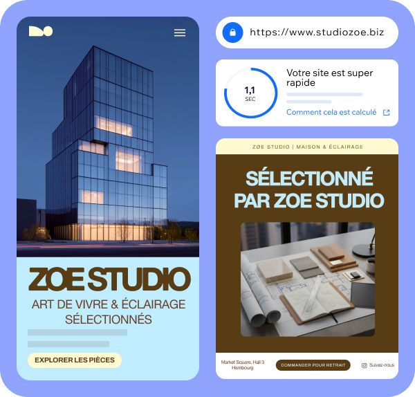 Site web de Zoe Studio, agence d'architecture et de design spatial, mettant en avant la fiabilité du domaine et les options de sécurité.